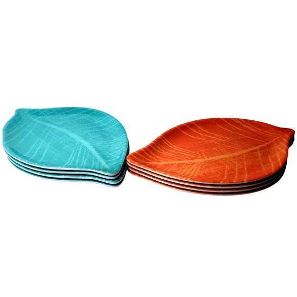 8 Orange & Turquoise Precidio Melamine Leaf 10" X 6" Salad/Dessert Plates - Picture 5 of 7